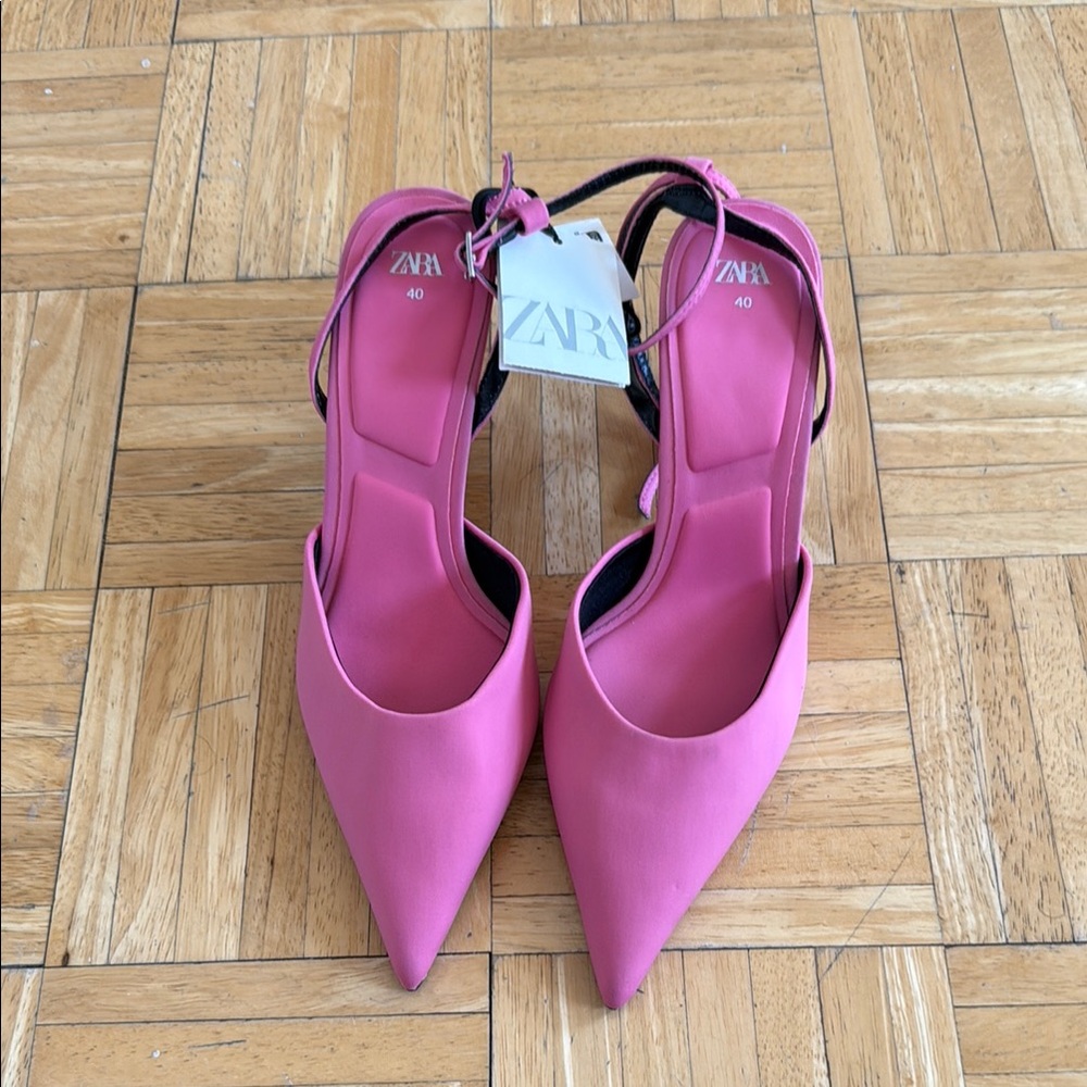 Zara Pink Heels Elegant Pointed-Toe Slingbacks/Ankle Stap